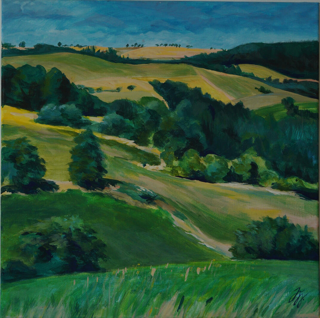 Tišnovská krajina, 60x60cm, akryl na plátně, 2022, 7 600.-kč